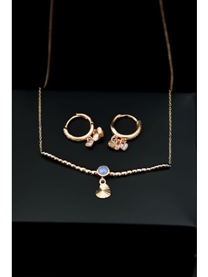 Sinsirella 925 Ayar Gümüş Kaplama Top Motifli Lila Ay Taşı Kalp Kolye ve Küpe Set