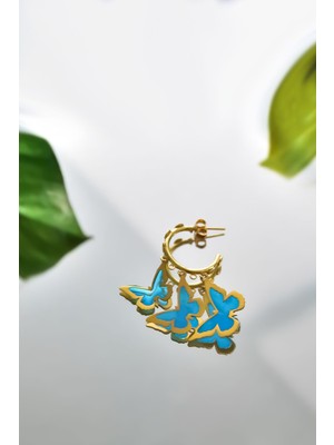 Sinsirella 925 Ayar Gümüş Kaplama Tekli Parlayan Rüya Serisi Ebruli Cam Boyalı Üçlü Kelebek Küpe