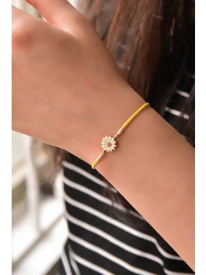 Sinsirella Kadın 925 Ayar Gümüş Kaplama Sarı Ipli Asansörlü Papatya Bileklik