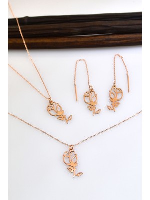 Sinsirella 925 Ayar Gümüş Kaplama Gül Kolye Küpe Bileklik Set