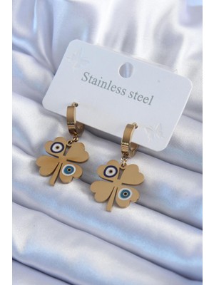 Stainless Steel Çelik Gold Renk Yonca Model Nazar Boncuk Detay Kadın Küpe