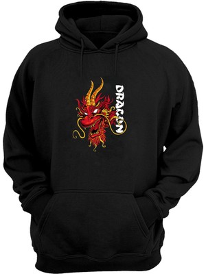 The Wert Unisex Dragon Kırmızı ve Sarı Baskılı Siyah Normal Kalıp Şardonlu Kalın Sweatshirt