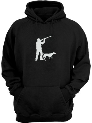 The Wert Unisex Avcı ve Köpek Siluet Çizimi Baskılı Siyah Normal Kalıp Şardonlu Kalın Sweatshirt