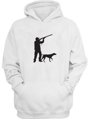 The Wert Unisex Avcı ve Köpek Siluet Çizimi Baskılı Beyaz Normal Kalıp Şardonlu Kalın Sweatshirt