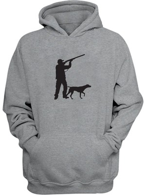 The Wert Unisex Avcı ve Köpek Siluet Çizimi Baskılı Gri Normal Kalıp Şardonlu Kalın Sweatshirt