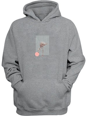 The Wert Unisex Flamingo Illüstrasyon Baskılı Gri Normal Kalıp Şardonlu Kalın Sweatshirt
