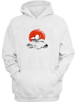 The Wert Unisex Japon Yanar Dağ Baskılı Beyaz Normal Kalıp Şardonlu Kalın Sweatshirt