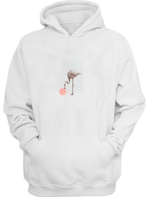 The Wert Unisex Flamingo Illüstrasyon Baskılı Beyaz Normal Kalıp Şardonlu Kalın Sweatshirt