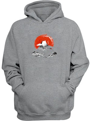 The Wert Unisex Japon Yanar Dağ Baskılı Gri Normal Kalıp Şardonlu Kalın Sweatshirt
