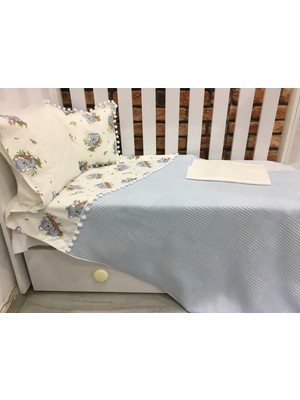 Buse Baby Home BUSE ABABY HOME Mavi, Çocuk Çok Amaçlı Poplin , Pikeli ve Ponponlu Nevresim Takımı 6'lı Set