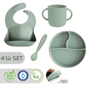 Meleni Baby 4'lü Silikon Beslenme Seti - Silikon Mama Önlüğü Kulplu Bardak Mama Kaşığı Vakum Tabanlı Tabak