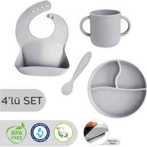 Meleni Baby 4'lü Silikon Beslenme Seti - Silikon Mama Önlüğü Kulplu Bardak Mama Kaşığı Vakum Tabanlı Tabak