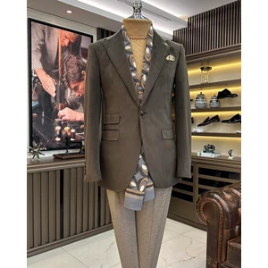 İtalyan stil mono yaka kadife erkek tek ceket kahverengi T11048