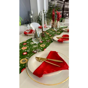Decamor Home Yeni Yıl Temalı Top Desenli Yeşil Uzun Runner Yılbaşı Runner Masa Örtüsü