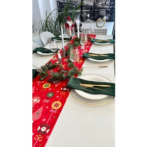 Decamor Home Yeni Yıl Temalı Top Desenli Kırmızı Uzun Runner Yılbaşı Masa Örtüsü