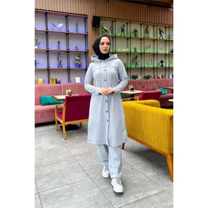 Kapşonlu Düğmeli Sade Basic Uzun Tunik ve Pantolon Ikili Spor Takım - 03072 - Gri