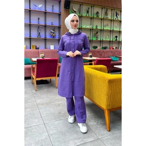 Kapşonlu Düğmeli Sade Basic Uzun Tunik ve Pantolon Ikili Spor Takım - 03072 - Koyu Lila
