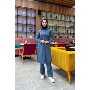 Kapşonlu Düğmeli Sade Basic Uzun Tunik ve Pantolon Ikili Spor Takım - 03072 - Indigo