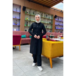 Kapşonlu Düğmeli Sade Basic Uzun Tunik ve Pantolon Ikili Spor Takım - 03072 - Siyah