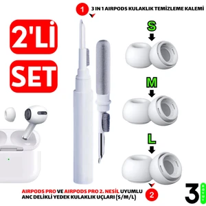 Pro ve Pro 2.nesil Uyumlu Anc Delikli Silikon Kulaklık Uçlar (S,m,l) ve 3 In 1 Temizleme Kalemi Seti