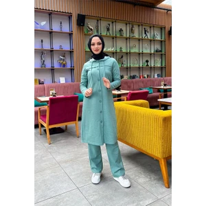 Kapşonlu Düğmeli Sade Basic Uzun Tunik ve Pantolon Ikili Spor Takım - 03072 - Çağla Yeşili