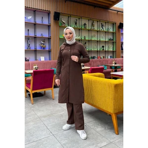 Kapşonlu Düğmeli Sade Basic Uzun Tunik ve Pantolon Ikili Spor Takım - 03072 - Kahverengi