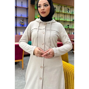 Kapşonlu Düğmeli Sade Basic Uzun Tunik ve Pantolon Ikili Spor Takım - 03072 - Ekru