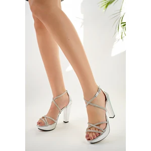 Gümüş Kadın Bilekten Çapraz Taşlı Abiyelik Platform Topuklu Ayakkabı Gümüş 40