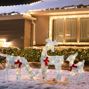 3'lü Işıklı Noel 2d Ren Geyiği Seti Dış Mekan Süslemeleri, Önceden Aydınlatmalı Noel Rudolph ve Işıklı Noel Baba Kızağı (Yurt Dışından)