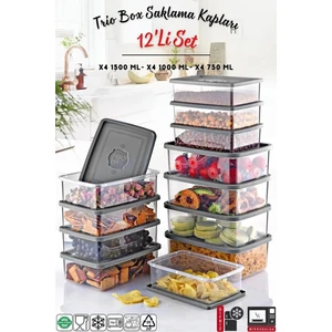 Kahes Shop 12'li Set Dikdörtgen Mikrodalga & Difriz Uyumlu Trio Saklama Kabı X4 0,75 Lt/1 Lt/1,5 Lt OPH-000314