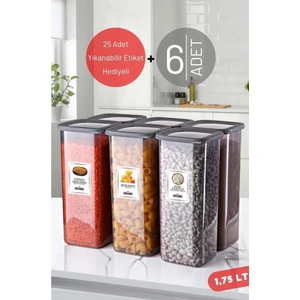 Open Home Suya Dayanıklı Etiketli, 6 Adet 1,75 Lt Kırılmaz Kare Erzak Saklama Kabı Antrasit