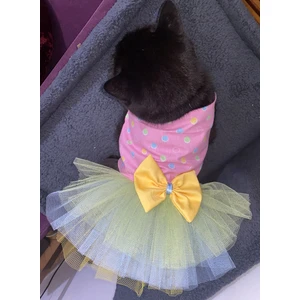 Renkli Puantiyeli Sarı Papyonlu Pembe Dişi Kedi Köpek Kıyafeti Elbisesi