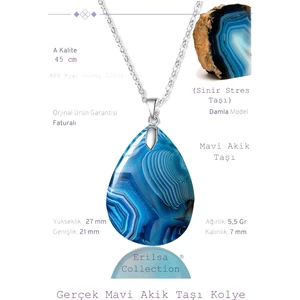 Tesbih Atölyesi Sertifikalı Damla Model Gerçek Mavi Akik Taşı Kolye - Gümüş Aparatlı