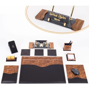 9 Parça Siyah ve Kök Ağaç Ahşap Desen Lüks Sümen Takımı Elit Kristal Ofis Masa Isimliği Sümen Seti