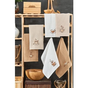 Hierapolis HomeTex Pike Peçete Nakış Işlemeli 6'lı Havlu - Waffle Kahve- Bej Peçete Seti