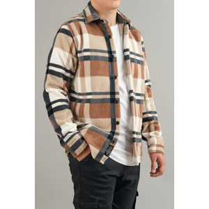 Slim Fit Erkek Polar Gömlek Kahve Krem