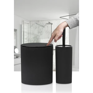 2'li Banyo Seti -Stil Yuvarlak Dokunmatik Pratik Kapaklı Çizgili Banyo Çöp Kovası - Fırça Seti Siyah