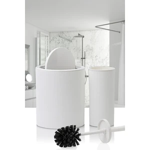 2'li Banyo Seti -Stil Yuvarlak Dokunmatik Pratik Kapaklı Çizgili Banyo Çöp Kovası - Fırça Seti Beyaz