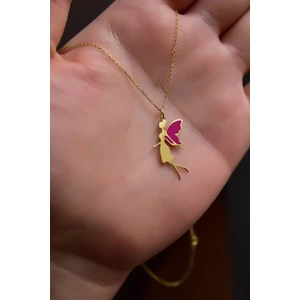 925 Ayar Gümüş Kaplama Parlayan Rüya Serisi Fuşya Kanatlı Ebruli Cam Boyalı Su Perisi Kolye