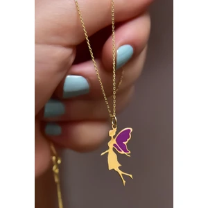 925 Ayar Gümüş Kaplama Parlayan Rüya Serisi Mor Kanatlı Ebruli Cam Boyalı Su Perisi Kolye