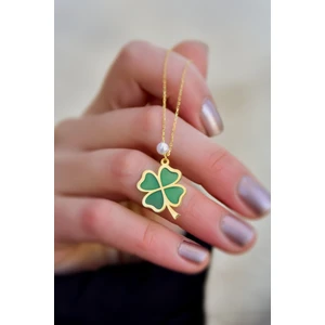 925 Ayar Gümüş Kaplama Parlayan Rüya Serisi Incili Ebruli Cam Boyalı Yonca Kolye