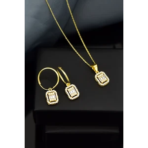 925 Ayar Gümüş Kaplama Zirkon Kare Baget Taş Halka Küpe ve Tepelikli Baget Kare Taş Kolye Set