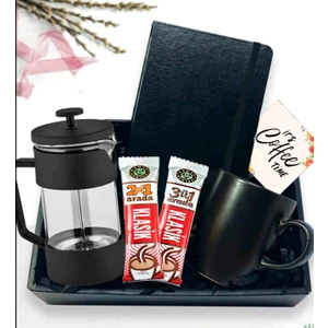French Press & Defter & Kahve Dünyası & Siyah Kupa Seti Hediyelik