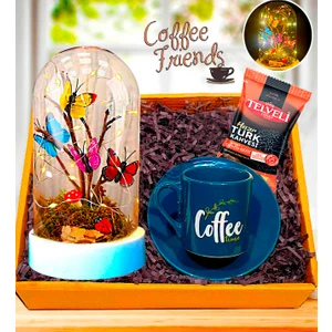 Işıklı Kelebek Buketi Fanus & Kahve Fincanı & Hazır Türk Kahvesi Arkadaşa Hediye
