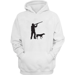 The Wert Unisex Avcı ve Köpek Siluet Çizimi Baskılı Beyaz Normal Kalıp Şardonlu Kalın Sweatshirt