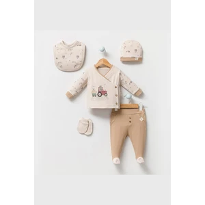 Modam Bebek By Bubbles Sevimli Çiftçi Desenli Erkek Bebek Hastane Çıkışı Takımı 5'li Set Yandan Düğmeli Fitilli Kumaş