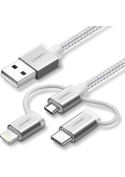 3ü 1 Arada Örgülü iPhone Uyumlu Type-C Micro USB Şarj Kablosu Silver 1.5 Metre