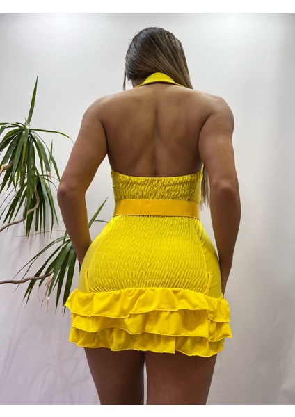 Sarı Gipe Detaylı Kemerli Fırfırlı Elbise modelleri