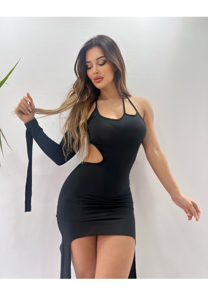 Siyah Tek Omuzlu Dekolteli Mikro Kumaş Mini Elbise