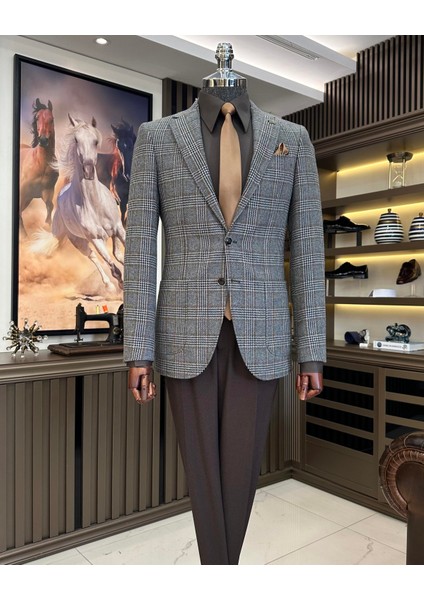 İtalyan stil slim fit mono yaka ekose erkek ceket siyah T10745